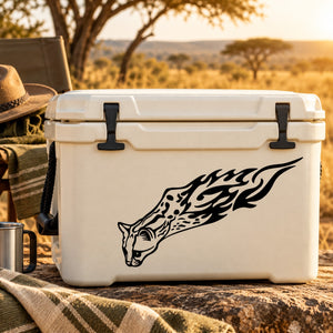 Black blazing leopard head decal with flame-like accents for cooler or gear