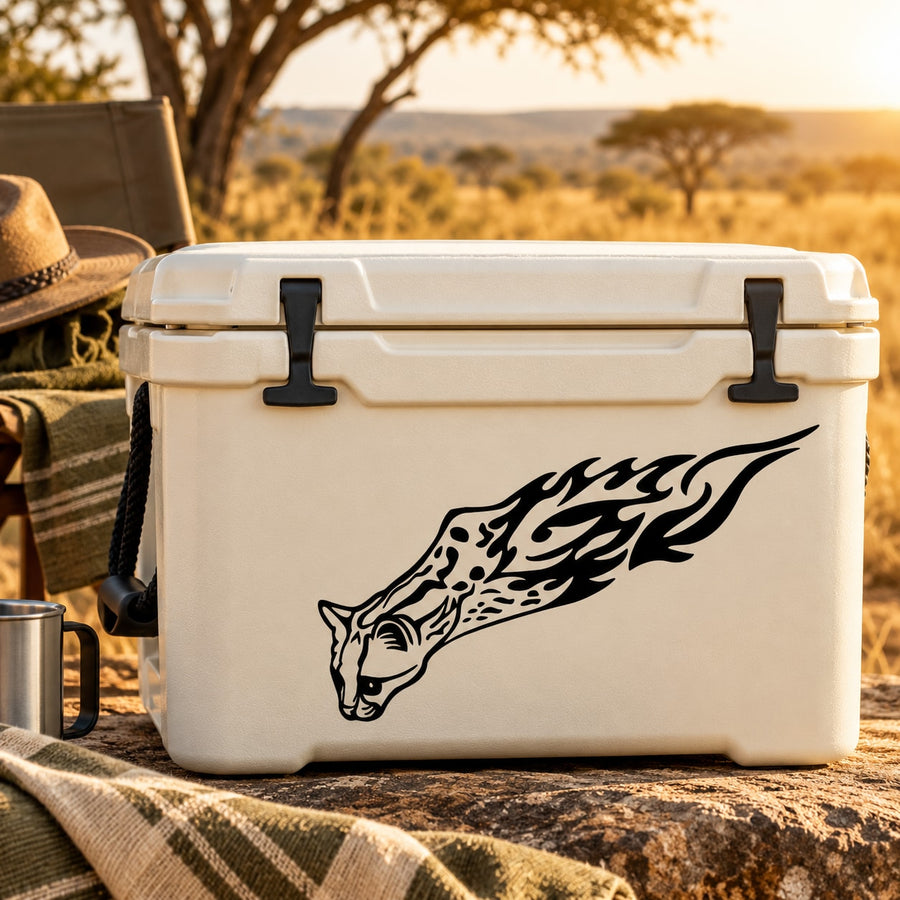 Black blazing leopard head decal with flame-like accents for cooler or gear