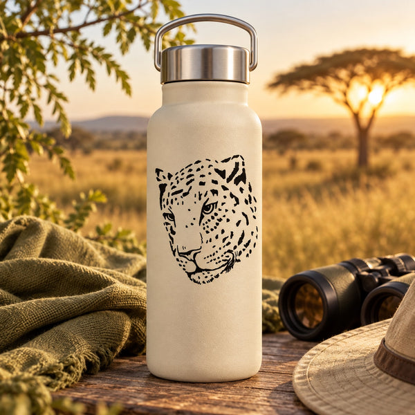 Leopard head decal with black-and-white spots on a light-colored bottle