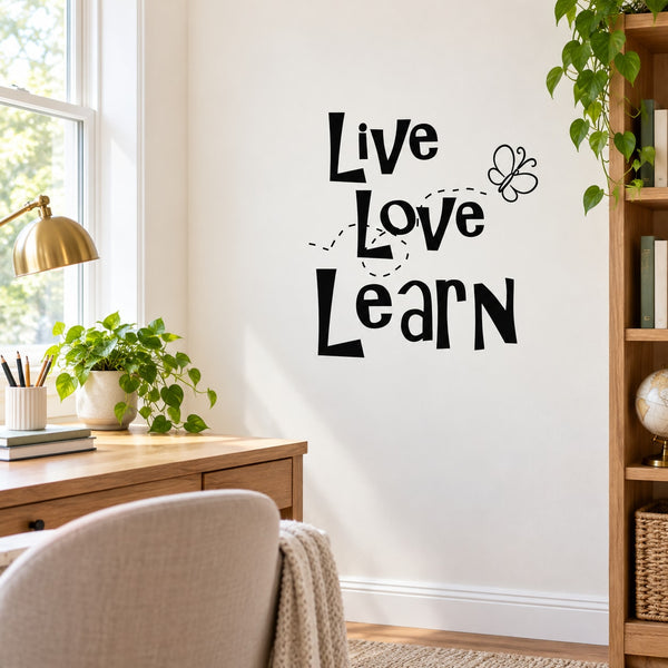 Butterfly wall decal with black 'Live Love Learn' lettering