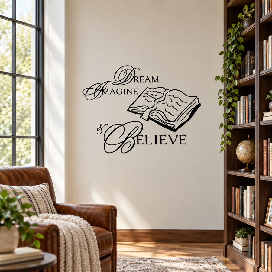 Bible quote wall decal with "Dream Imagine Believe" and open-book line art