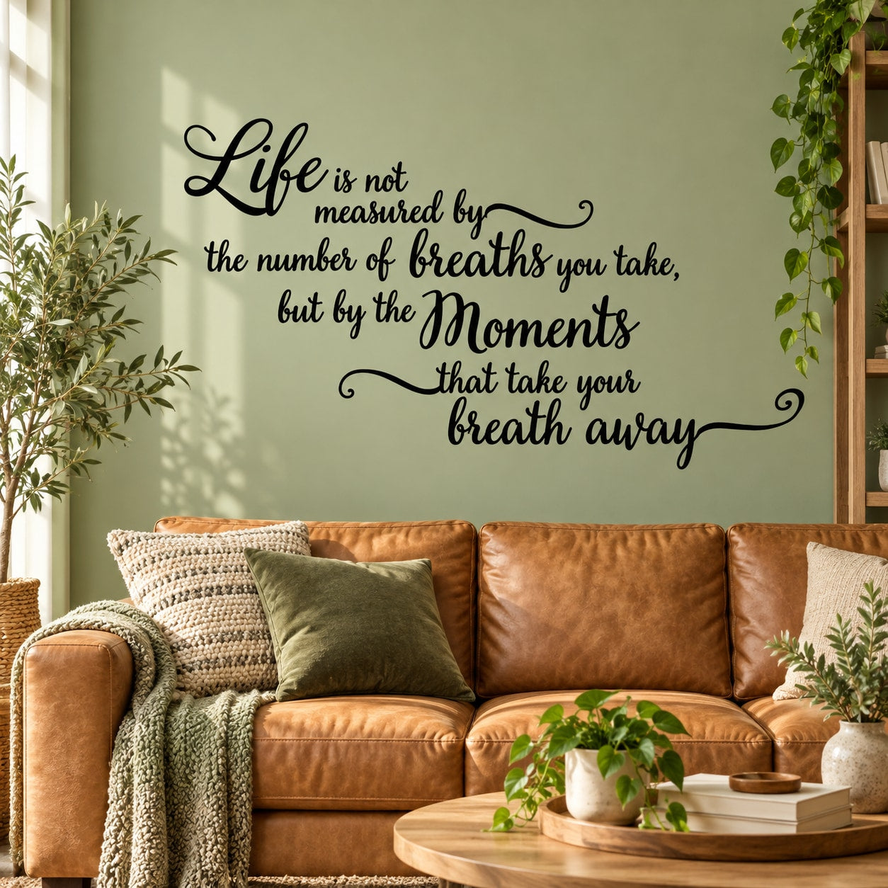 Black cursive wall decal with quote: Life is not measured by breaths