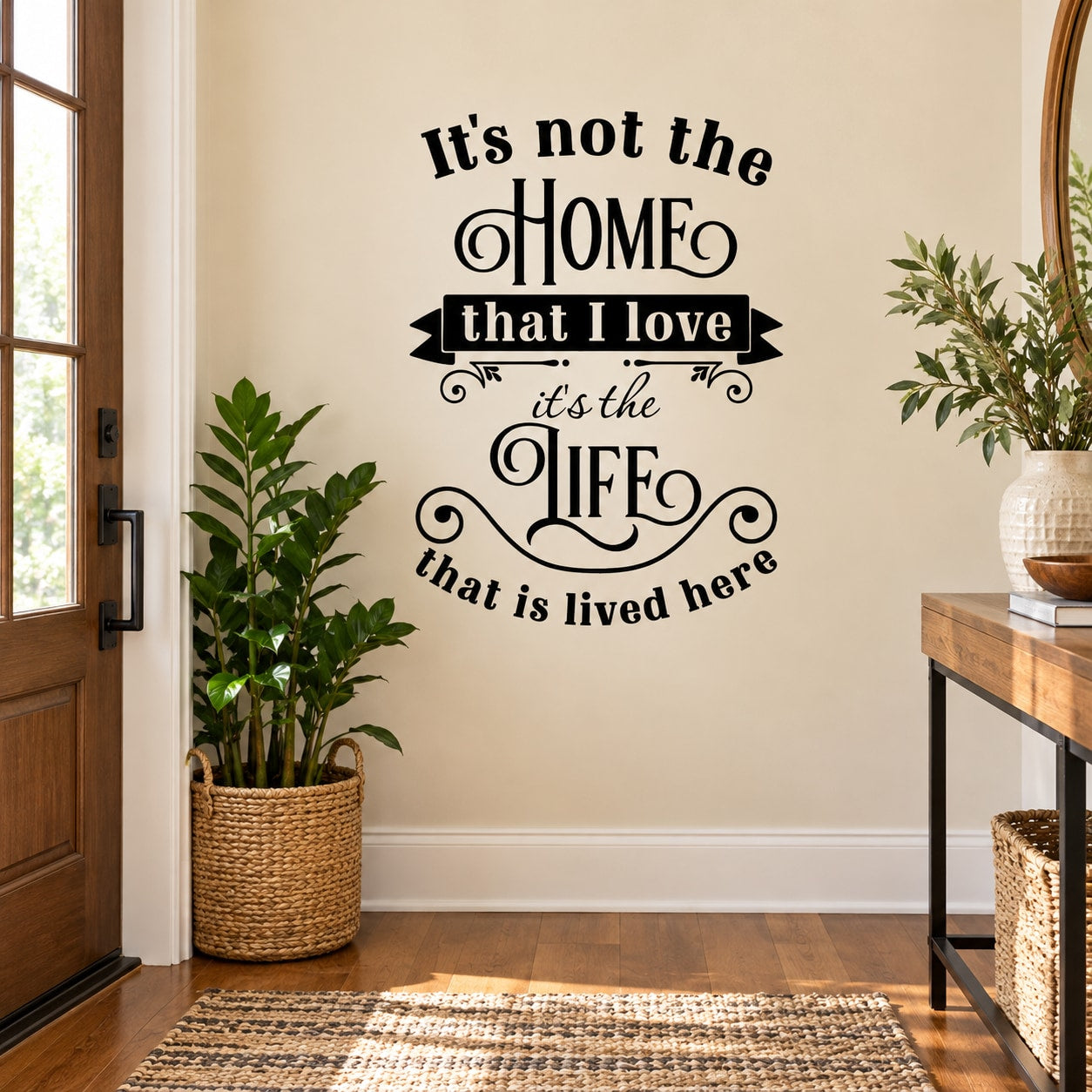 Black typography wall decal quote featuring HOME and LIFE for a living room wall