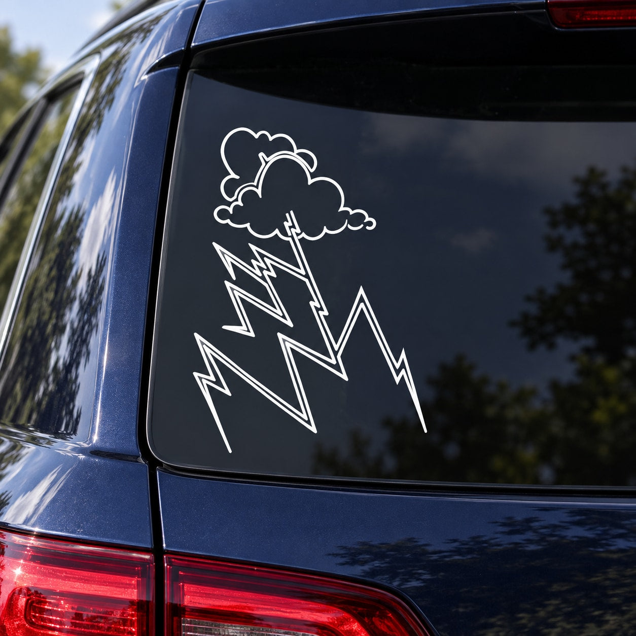 Lightning and cloud car window decal in white outline with jagged lightning bolts