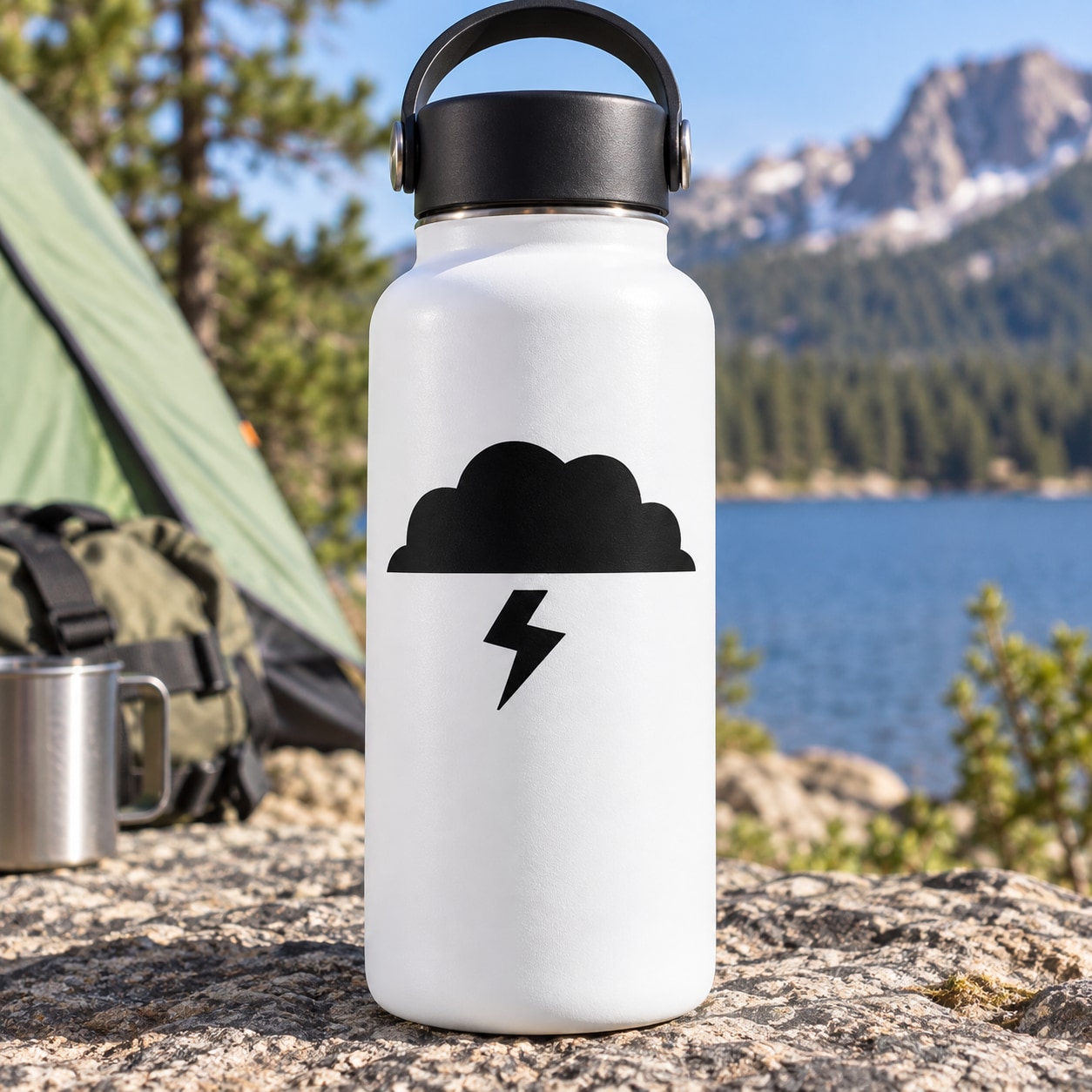 Lightning cloud vinyl decal: black cloud outline with bolt on white background