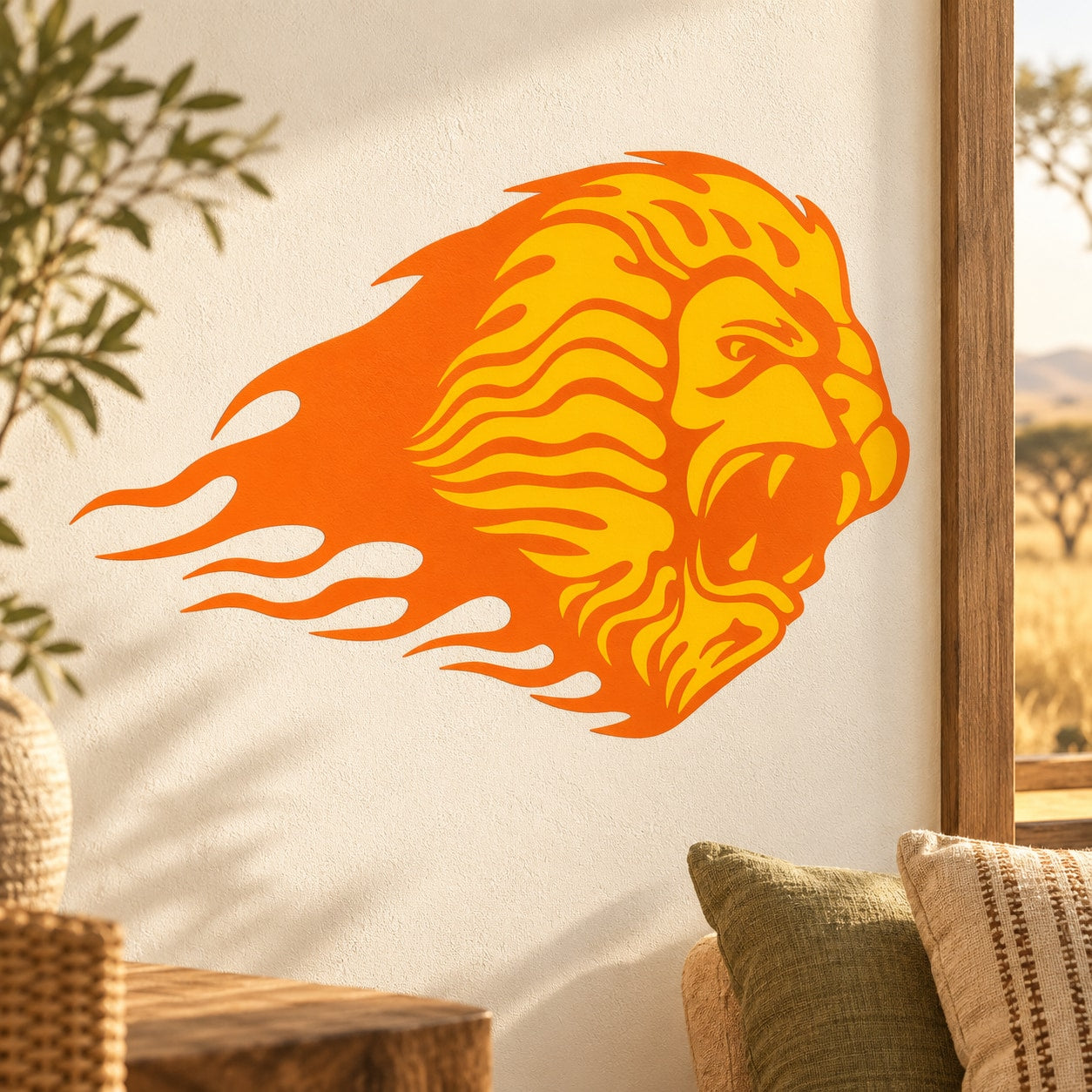 Lion head sticker with fiery orange and yellow flame-style graphic