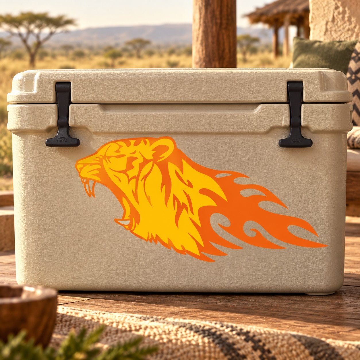Orange flame-style tiger head sticker decal on light tan cooler lid