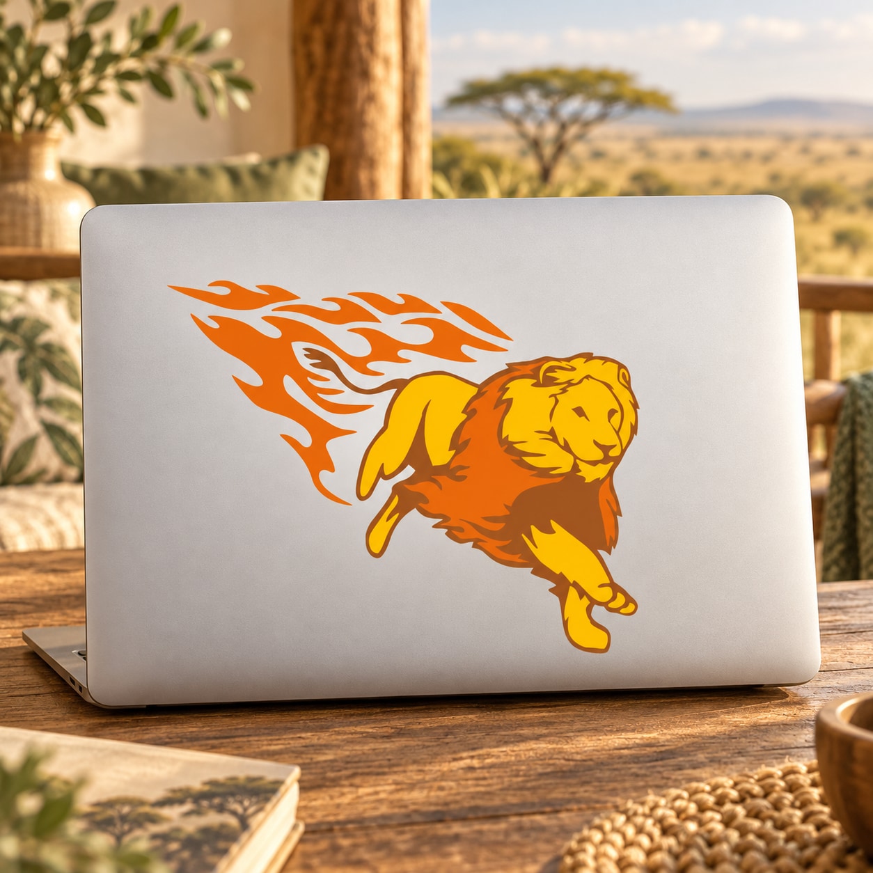 Charging lion fire flame sticker, orange and yellow flame design