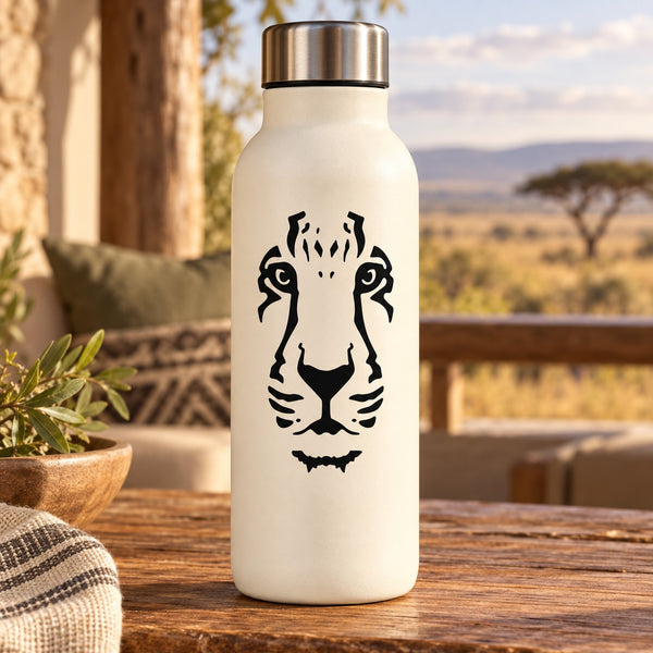 Lion face decal on white water bottle with black illustrated lion design