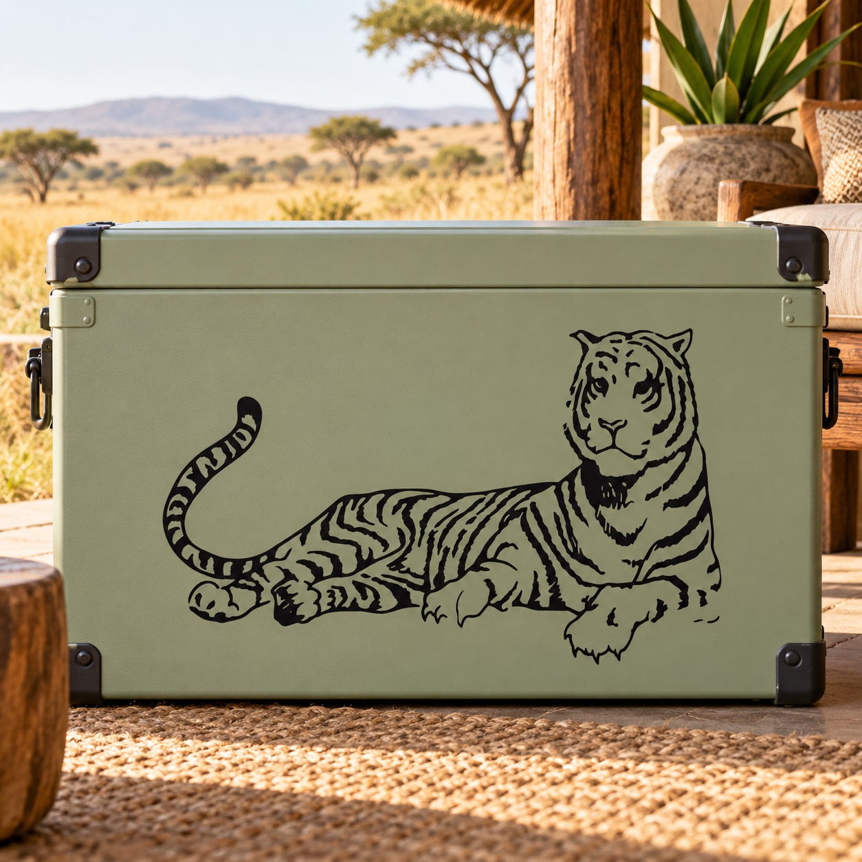 Reclining tiger decal featuring a black outline tiger lying on its belly