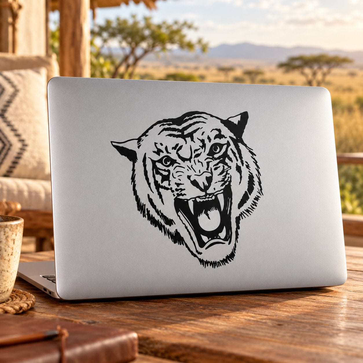 Roaring tiger head decal with black-and-white graphic