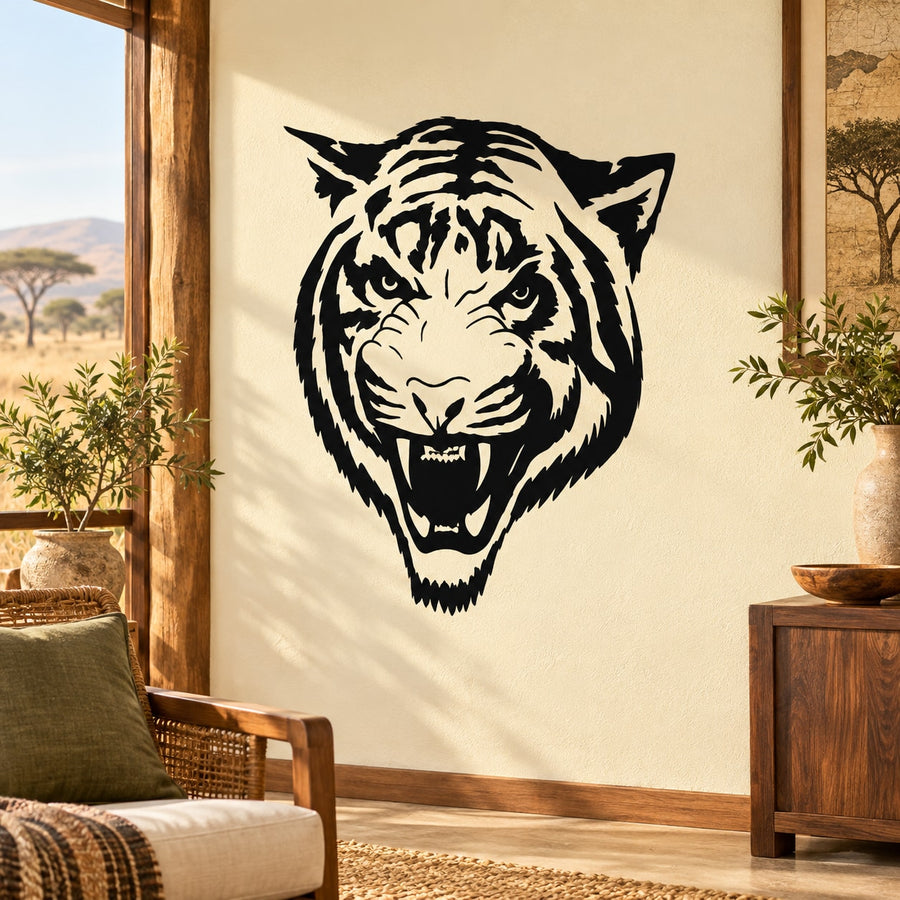 Snarling tiger head decal, black and cream graphic sticker