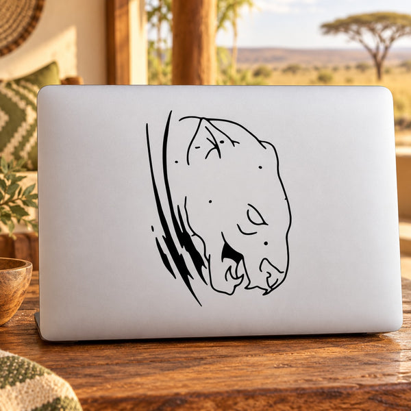 Panther head decal with scratch-like lines, black outline on a white backing