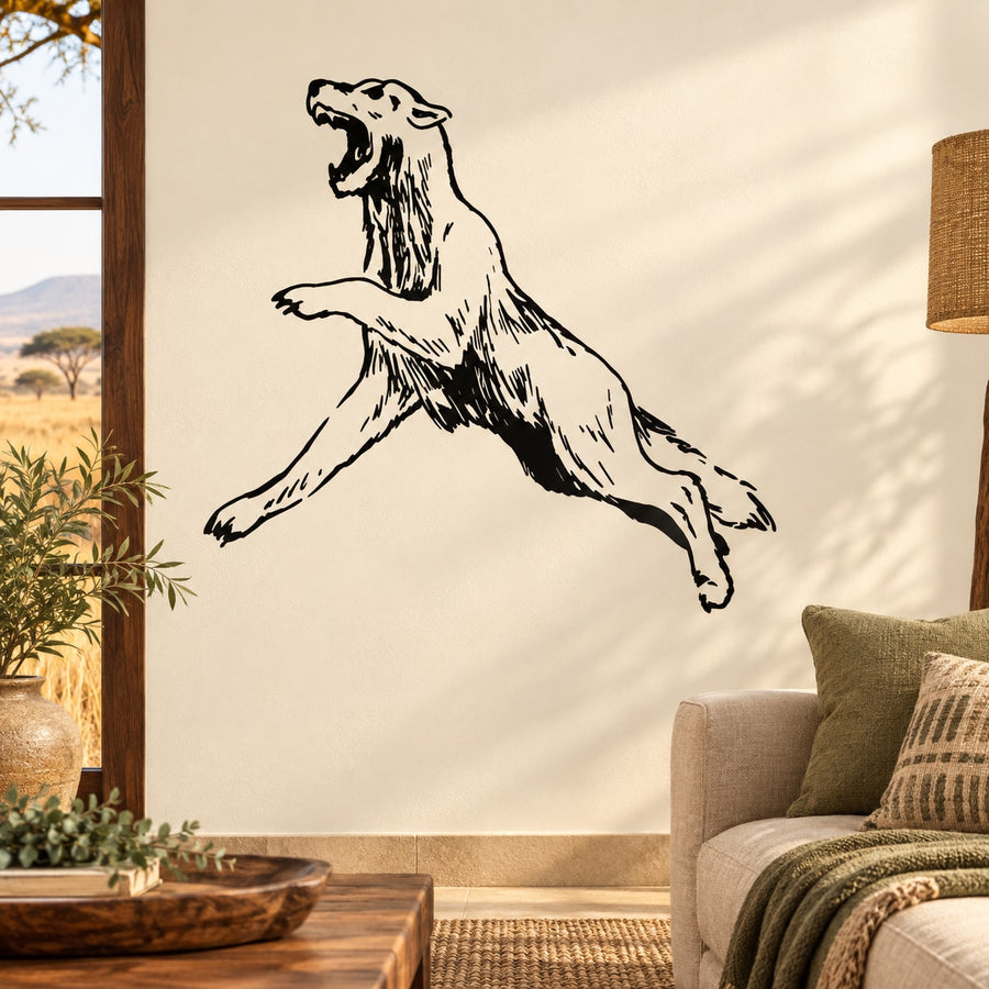 Leaping coyote wall decal, black line art with white fill