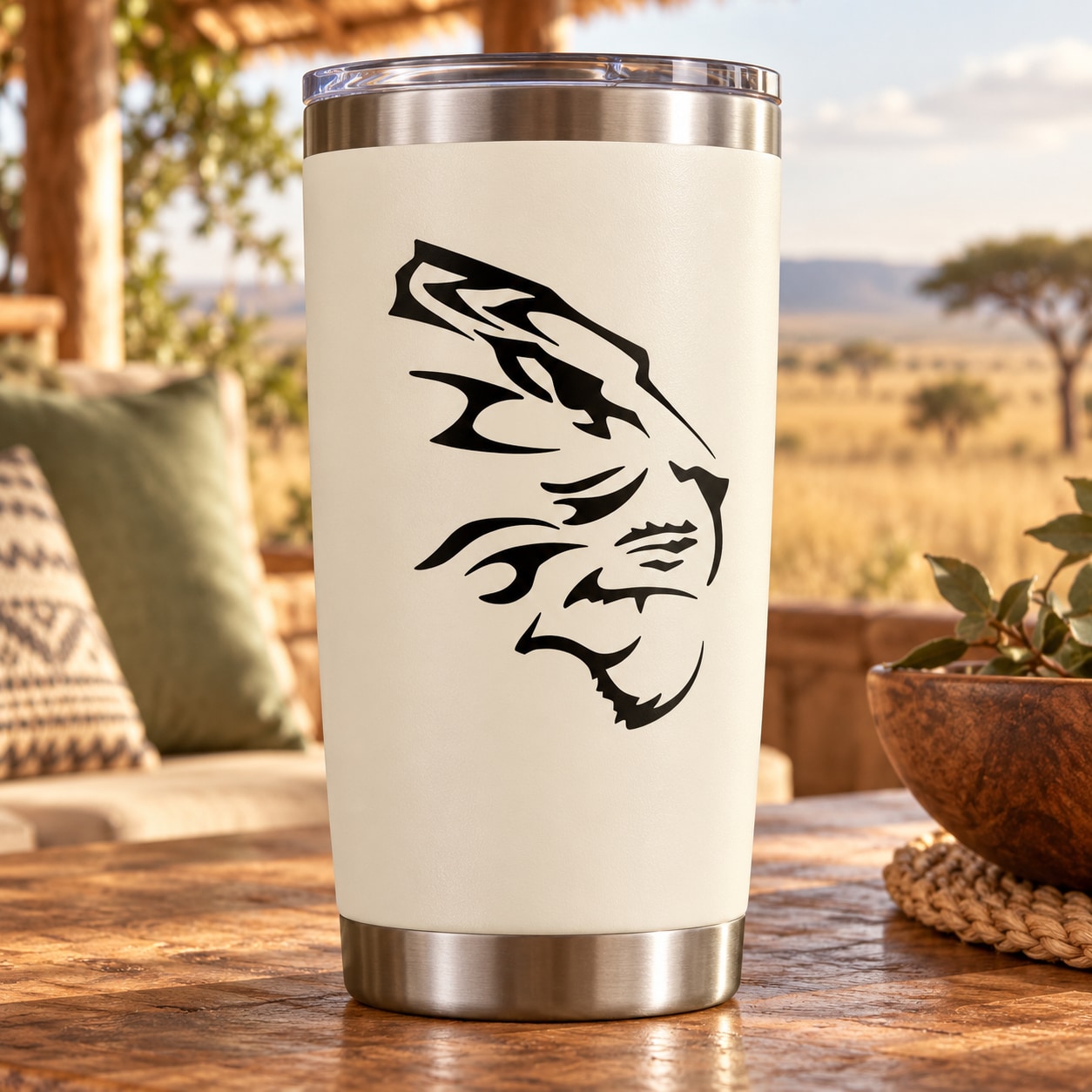 Tiger head side-facing decal on a white tumbler cup