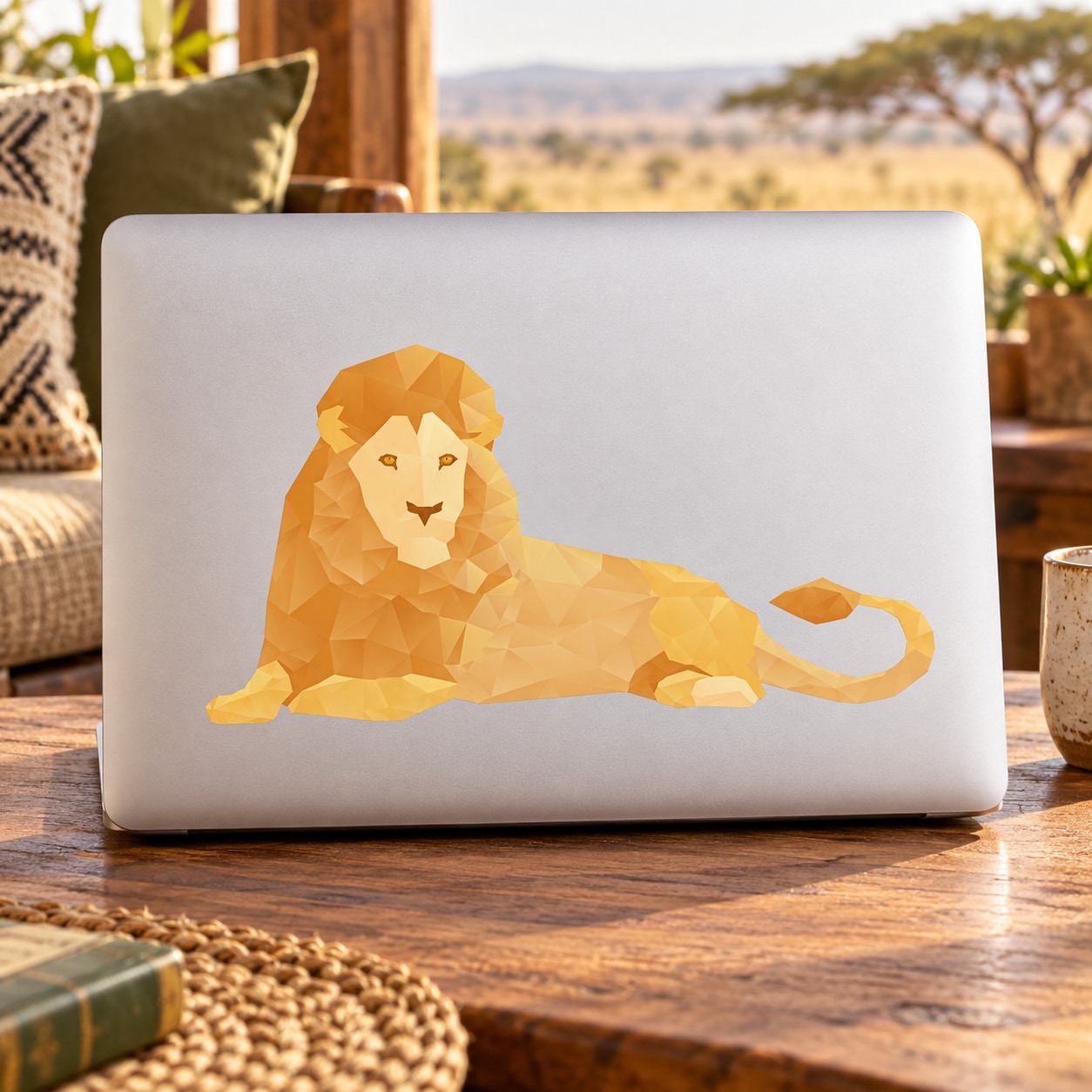 Orange geometric lion origami sticker on a white surface