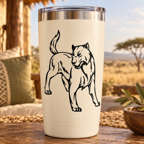 Wolf decal on white insulated tumbler with black wolf graphic