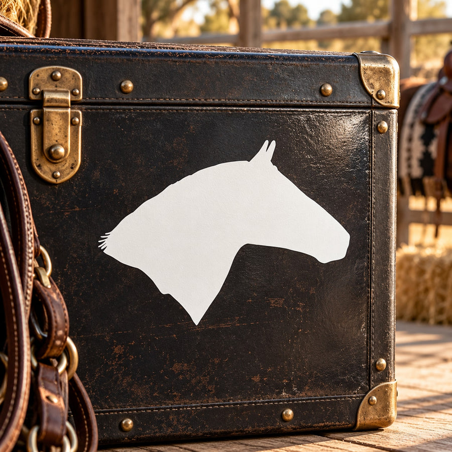 White horse head silhouette wall decal on a dark square background