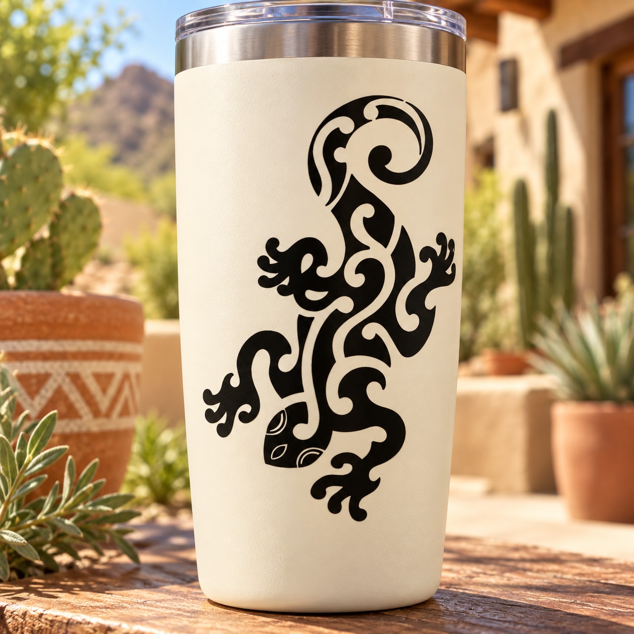 Tumbler with black tribal gecko decal on a white surface