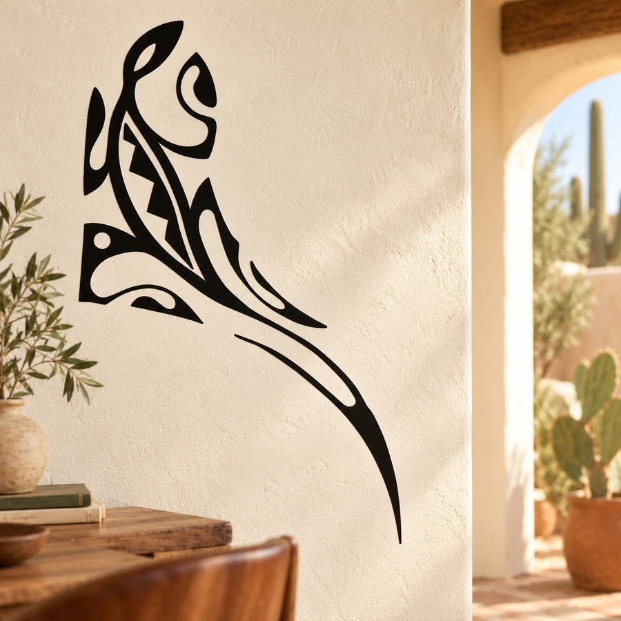 Black abstract lizard wall decal sticker with flowing tribal-style lines