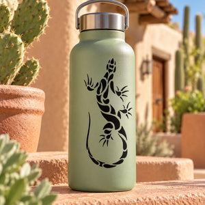 Olive green water bottle with black lizard decal and silver flip-top lid
