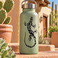 Olive green water bottle with black lizard decal and silver flip-top lid