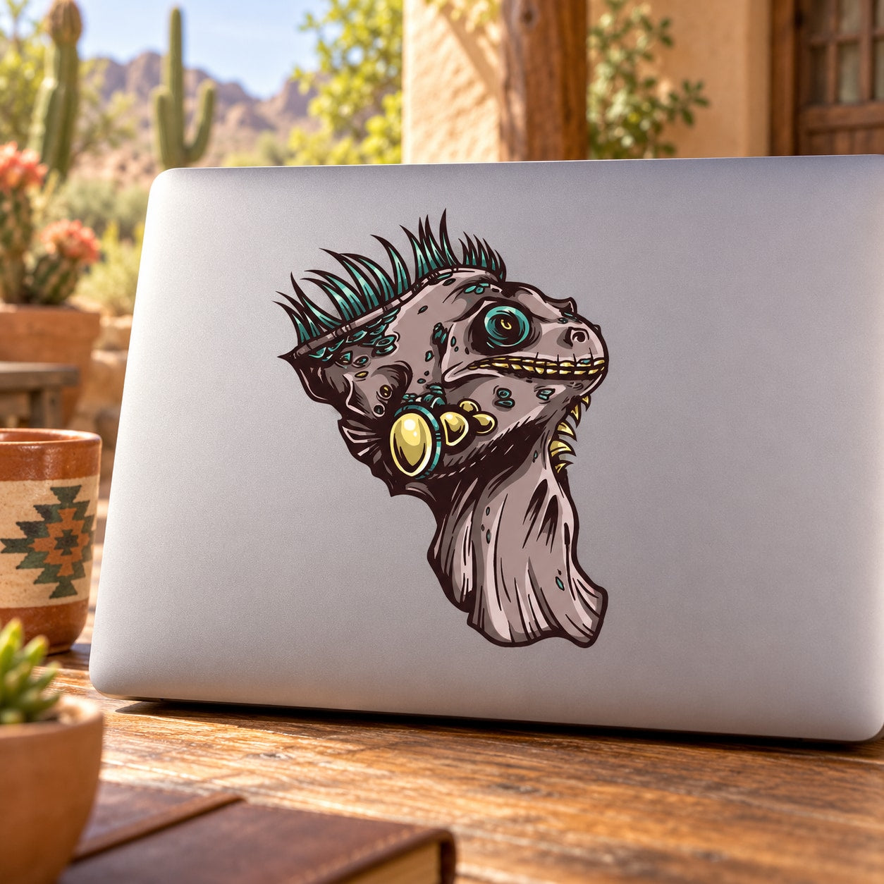 Franken-style lizard face sticker, dark green and teal with gold accents