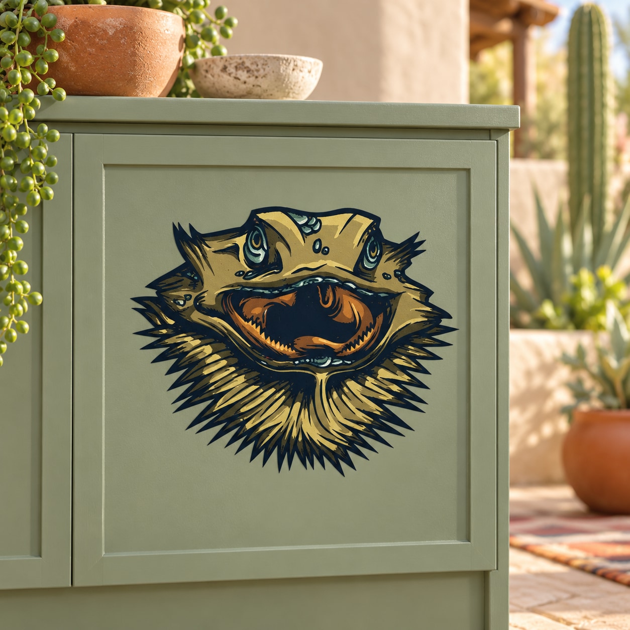 Bearded dragon lizard sticker illustration with open mouth and spiky beard detail
