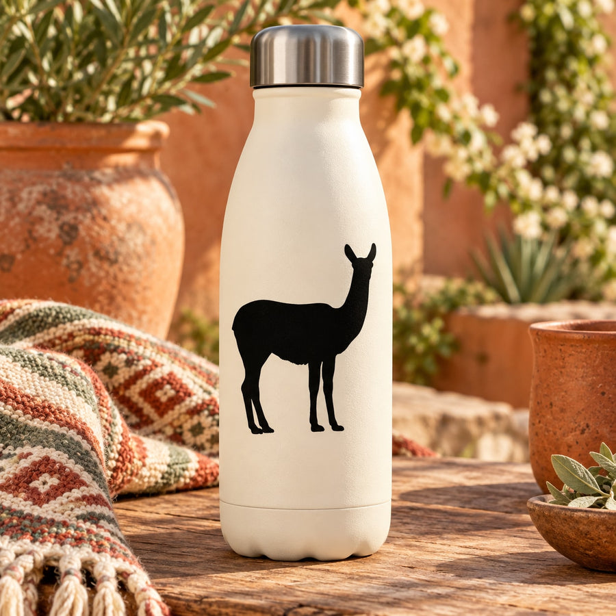 Black staring llama silhouette decal on white bottle