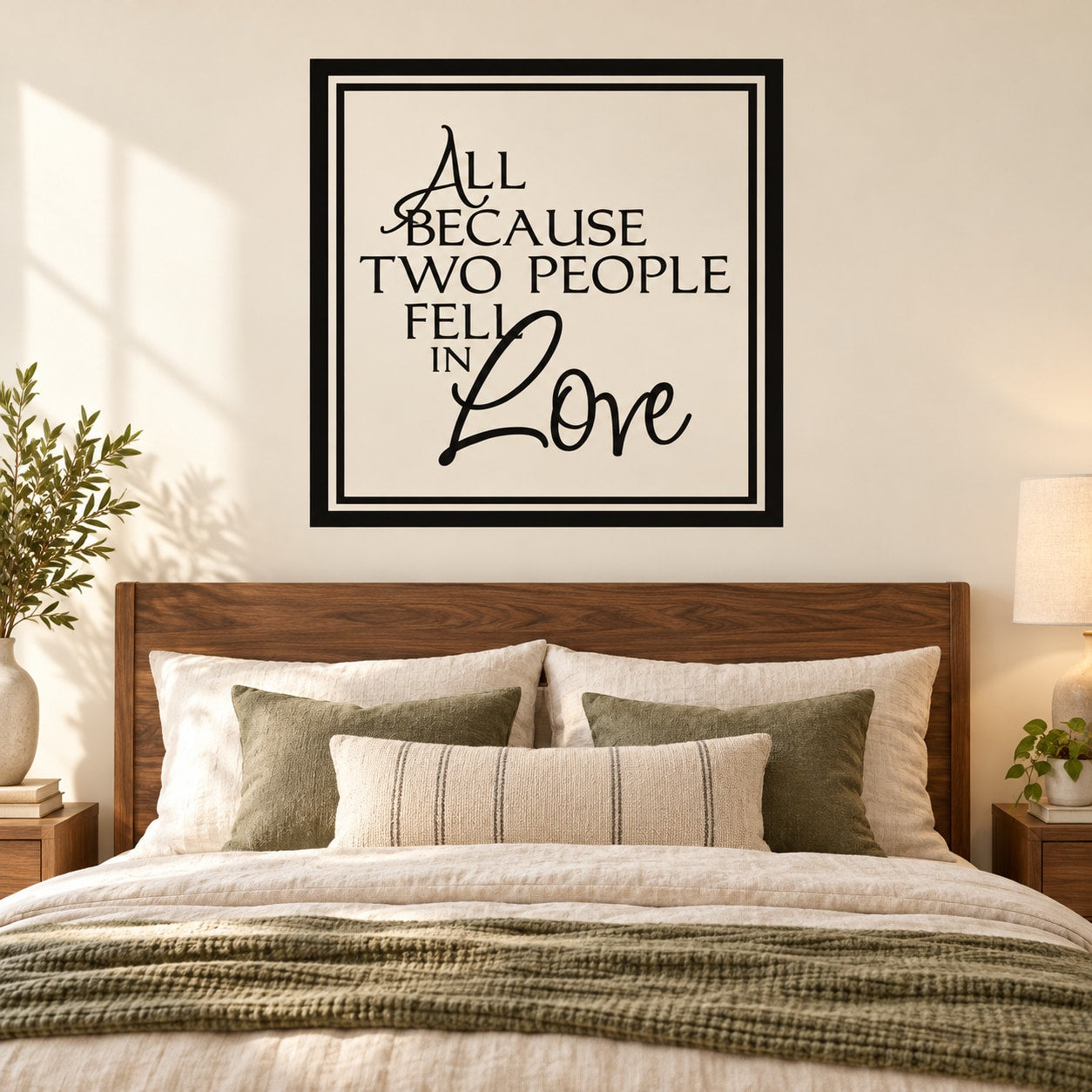 Square wall decal with "All because two people fell in Love" script and heart