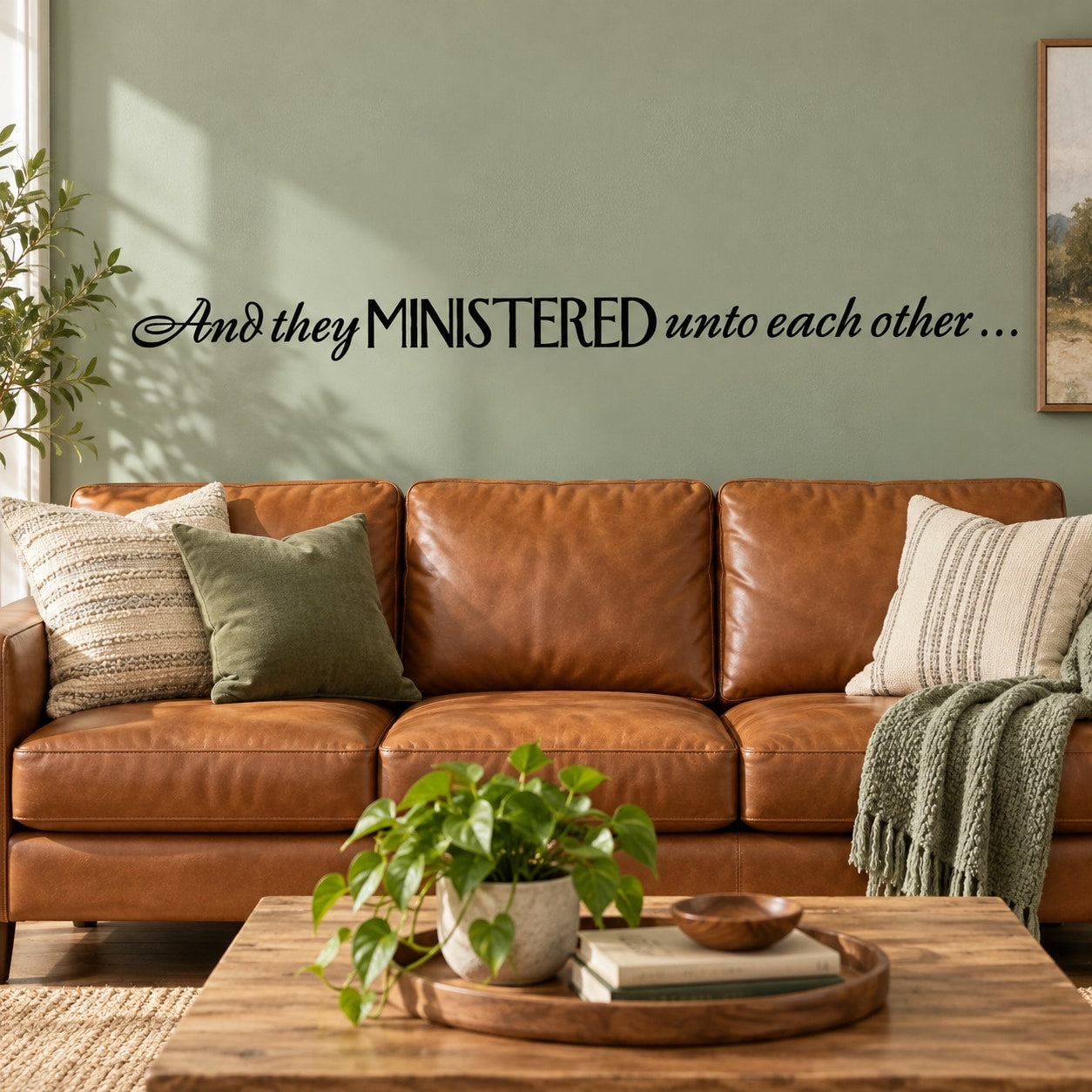 Wall decal with cursive scripture quote in black lettering on a light surface