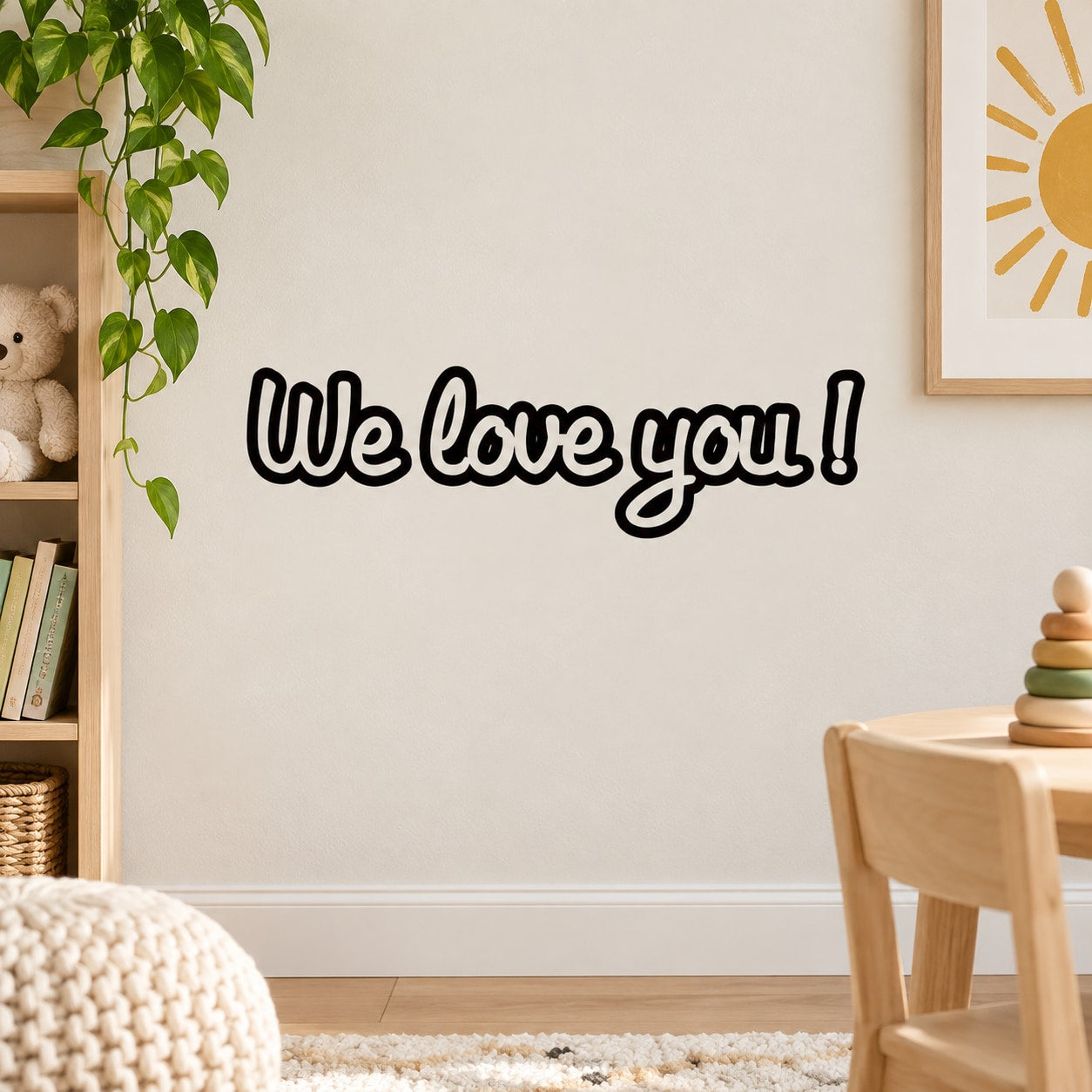 Black script wall decal reading “We love you!”