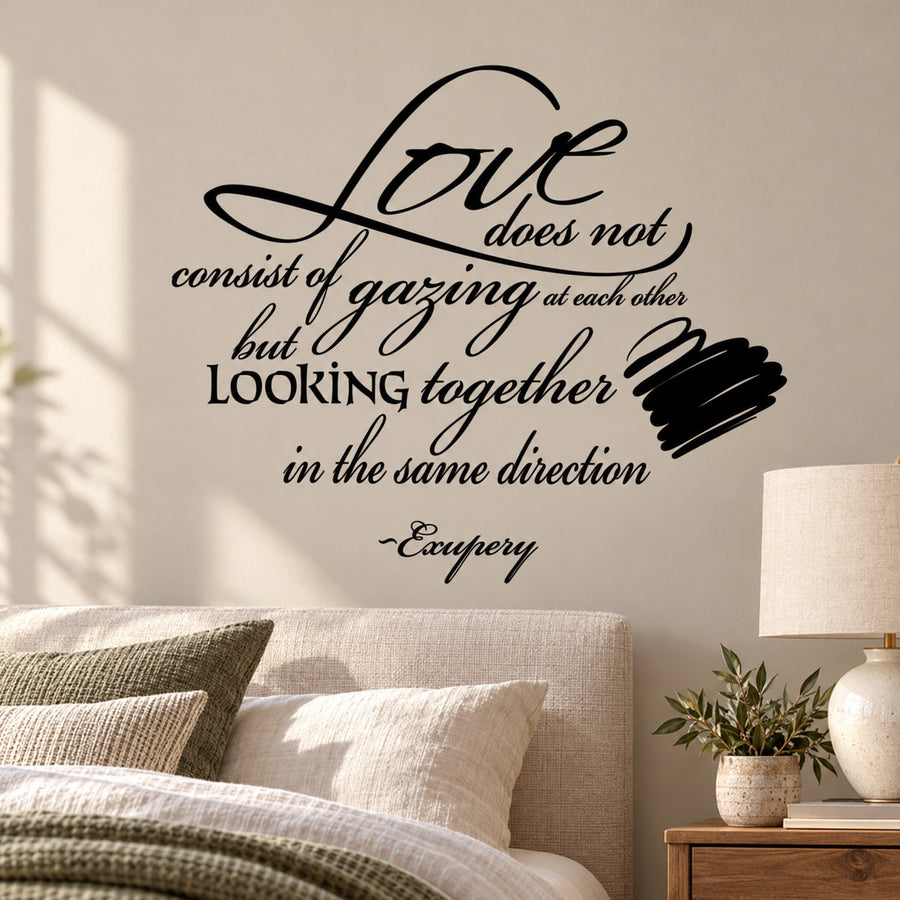 Love does not consist if gazing at each other but looking together in the same direction Exupery Decal — illustrative vinyl decal application mockup. Surrounding objects are not included.