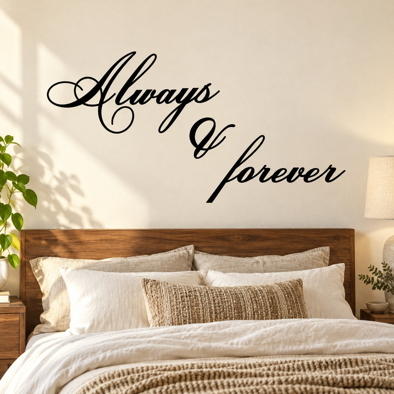 Wall decal with stacked "Always & forever" cursive black lettering