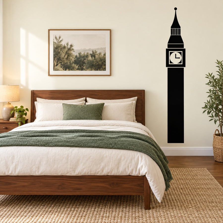 Clock tower wall decal, black silhouette with clock face and spire