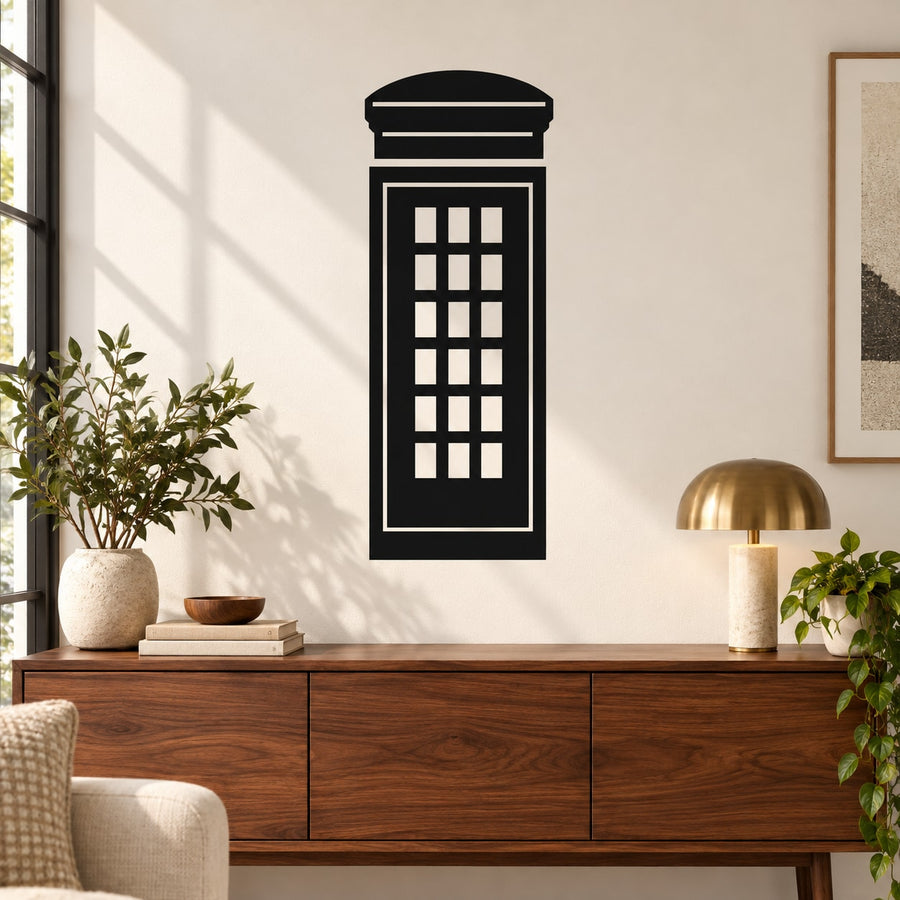 London phone booth wall decal, black outline with window grid and rounded top