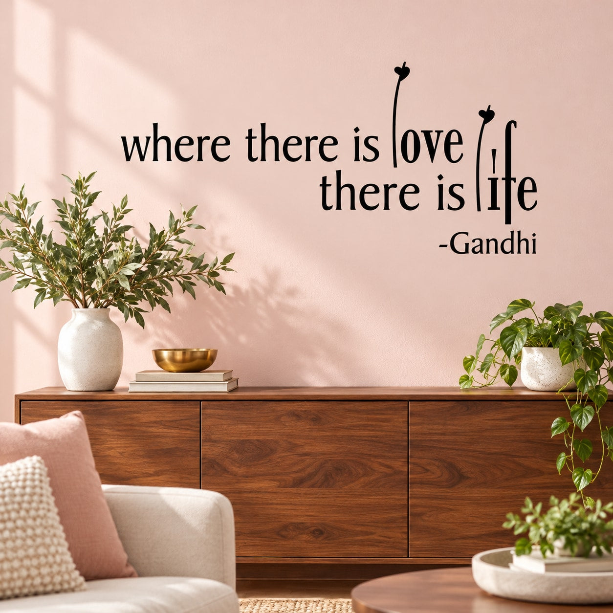 Where there is love there is life Gandhi Decal — illustrative vinyl decal application mockup. Surrounding objects are not included.