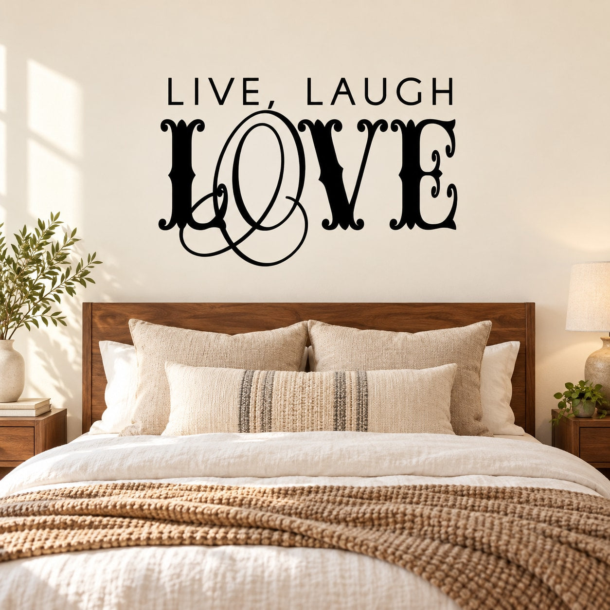 Black wall decal reading “LIVE, LAUGH” with large “LOVE” lettering