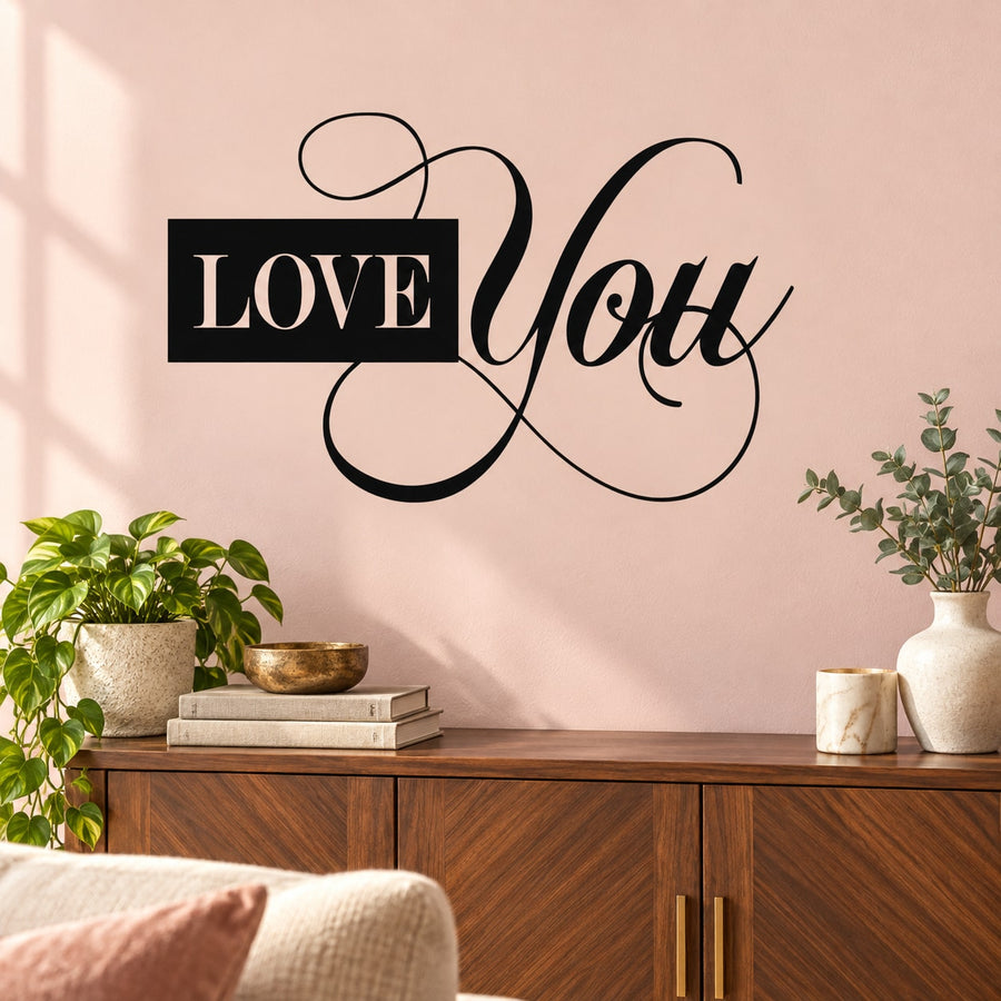 Love You Scroll Text Decal — illustrative vinyl decal application mockup. Surrounding objects are not included.