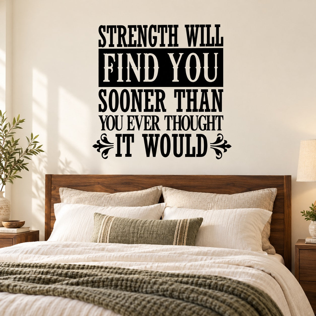 Wall decal with quote “STRENGTH WILL FIND YOU” in black lettering