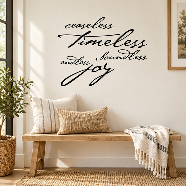 Cursive wall decal lettering in black with layered inspirational words