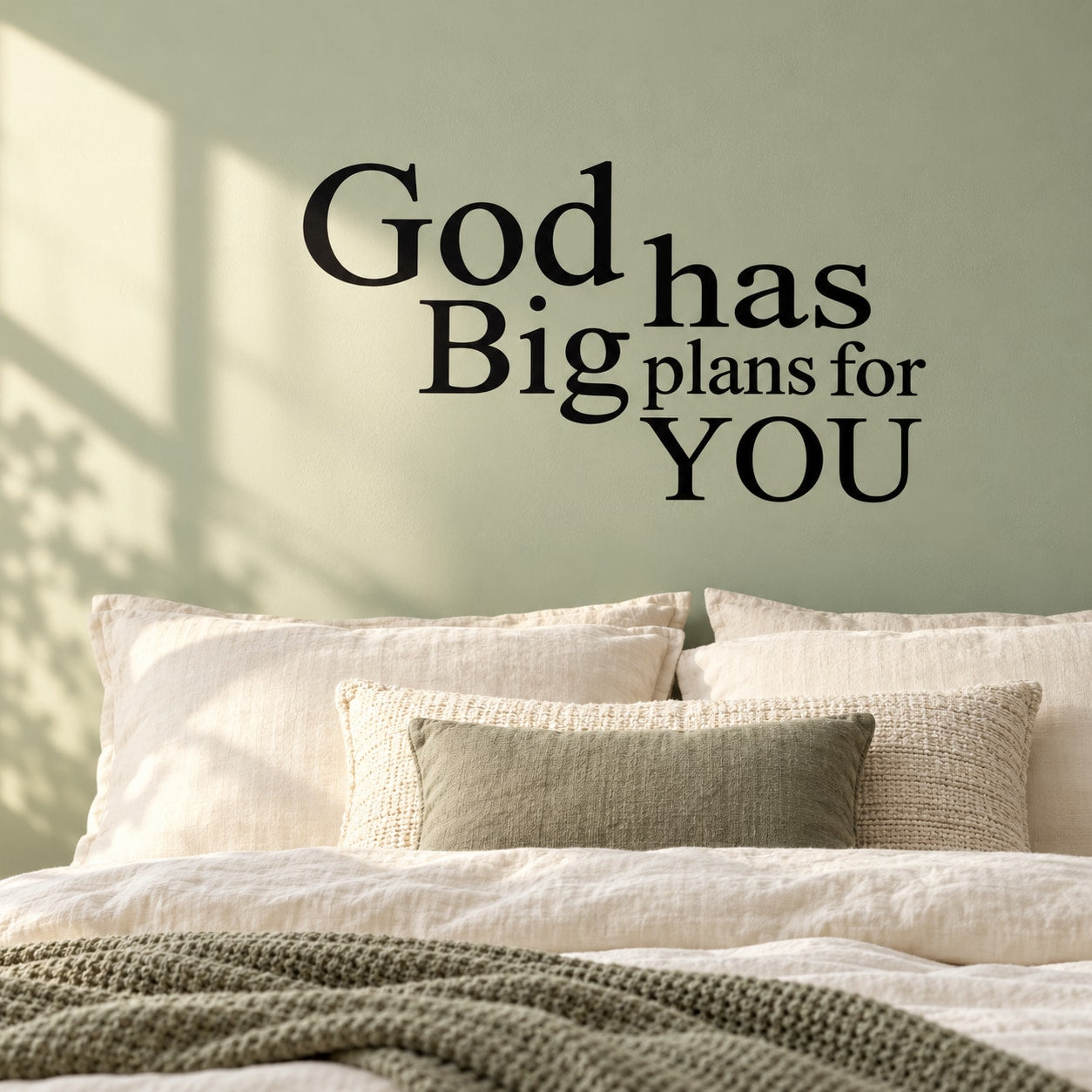 Inspirational wall decal with text: 'God has Big plans for YOU' in black serif letters