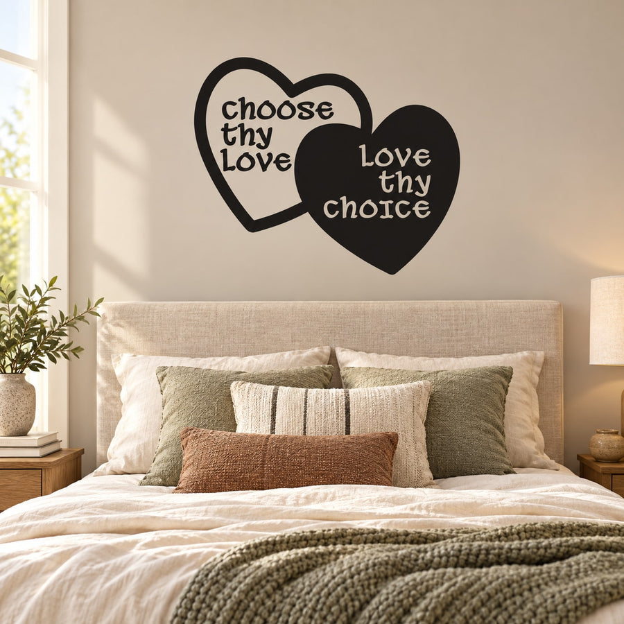 Heart-shaped wall decal set with "Choose thy love" and "Love thy choice" text