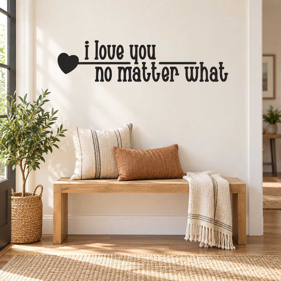 Wall decal with black heart and text: “I love you no matter what”