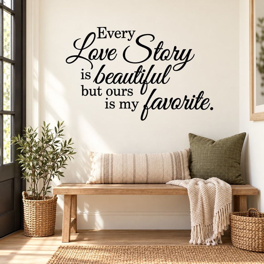 Black script love quote printed wall decal with die-cut typography for walls