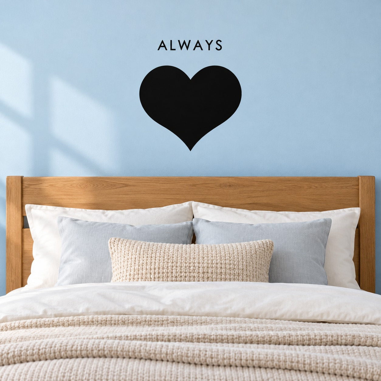 Wall decal: 'ALWAYS' text with black heart