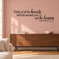 Inspirational cursive quote wall decal: “beauty” and “be happy” — Anne Frank