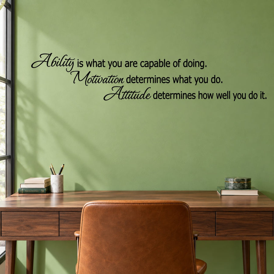 Motivational wall decal with cursive quote: Ability, Motivation, Attitude.
