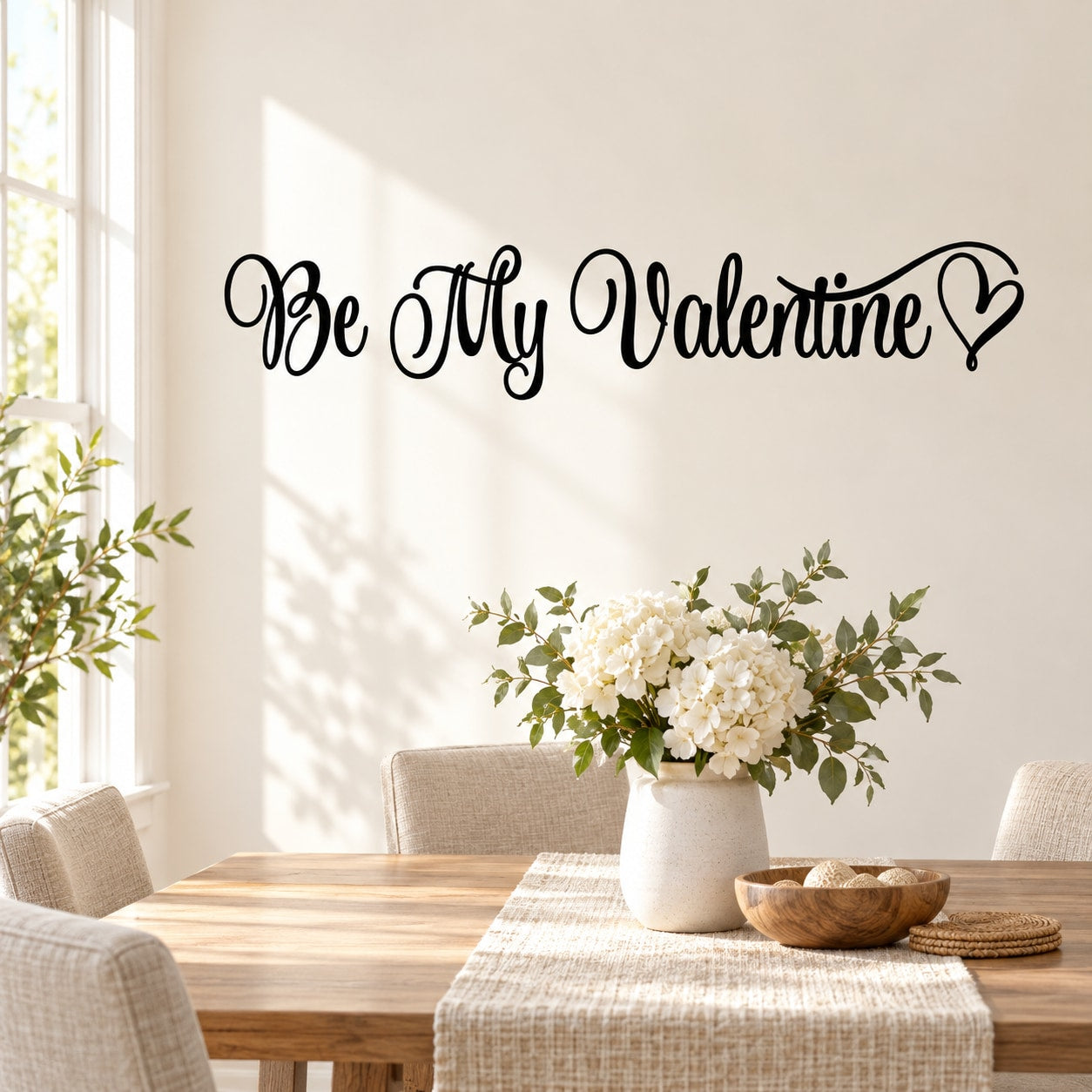 Be My Valentine wall decal with cursive text and heart accents