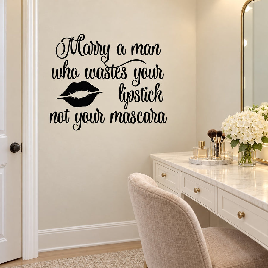 Black script wall decal with kiss mark and makeup quote: lipstick, not mascara